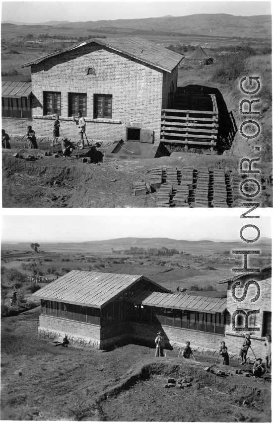 Workers outside a beef slaughterhouse at Yangkai, set up specifically to provide meat for base personnel. During WWII.