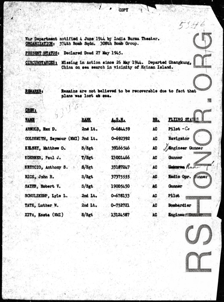 Page 1 of MACR 5346, B-24J L.A.B. bomber #42-100040 that disappeared on May 26, 1944.