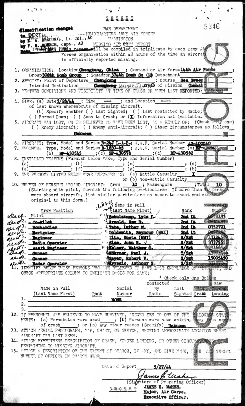 Page 3 of MACR 5346, B-24J L.A.B. bomber #42-100040 that disappeared on May 26, 1944.