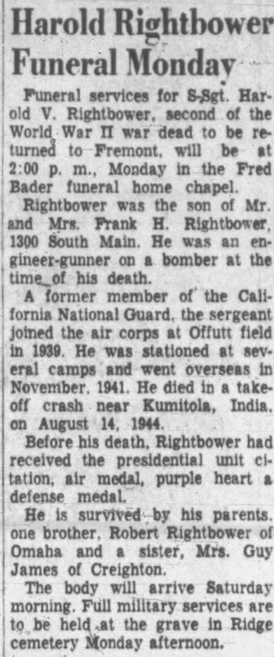 Harold V. Rightbower newspaper clipping.