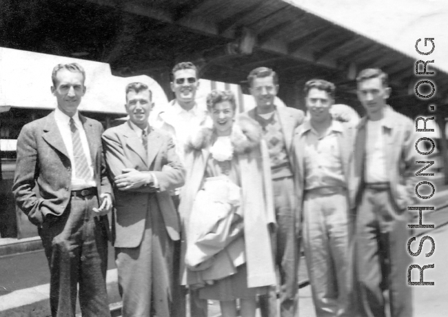 Newlyweds Richard and Bernice Harris (Anderson) and party at train station after wedding on May 21, 1943, the wedding celebrated as nuptial Mass at Sacred Heart Church, Seattle. Bernice ("Bea," as she liked to be known) worked at Boeing during WWII in the war effort while her husband was serving in India.