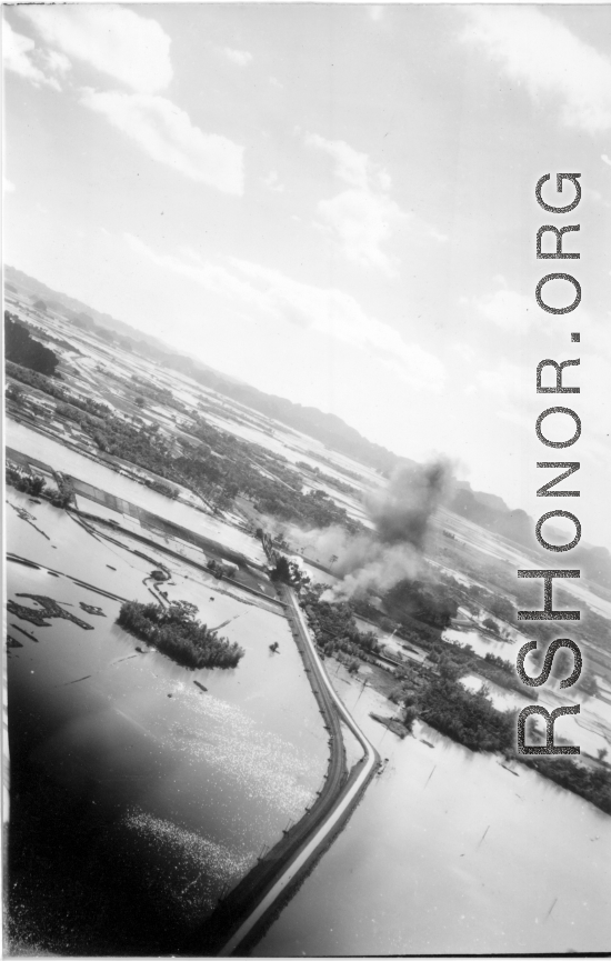 Bombing of Ninh-Bình railway bridge in French Indochina (Vietnam), during WWII. Ninh Bình is a small city in the Red River Delta of northern Vietnam, and along a critical rail route used by the Japanese.  Coordinates: 20°15'39.7"N 105°59'06.3"E