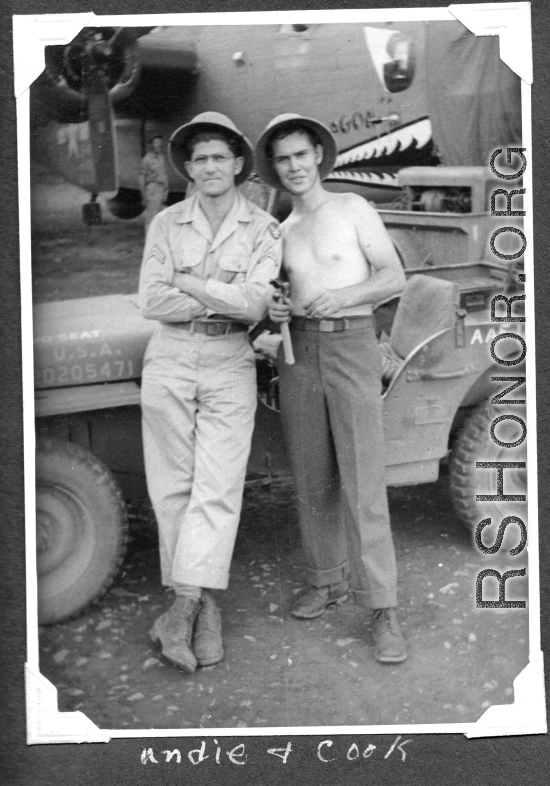 Radar men at Chenggong air base, Yunnan, China. During WWII.  Ira Underwood, Tom Cook.  374th Bombardment Squadron B-24 "Massa's Dragon" #42-109862 in revetment at Chenggong.