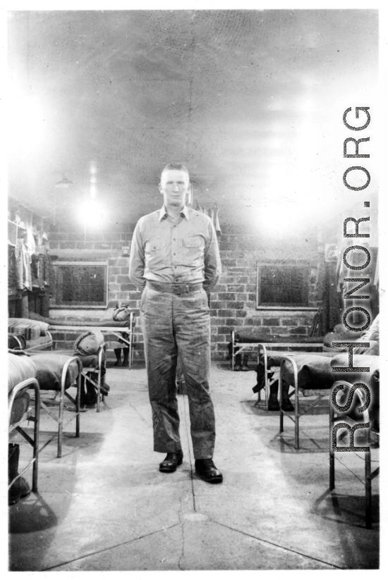 GI of 2005th Ordnance Maintenance Company in a barracks. Possibly during training stateside.