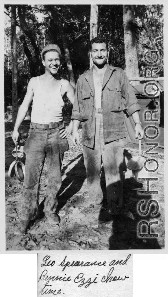 Leo Spearence and Benny Ezzi at chow time. Likely in Burma. 2005th Ordnance Maintenance Company,  28th Air Depot Group.