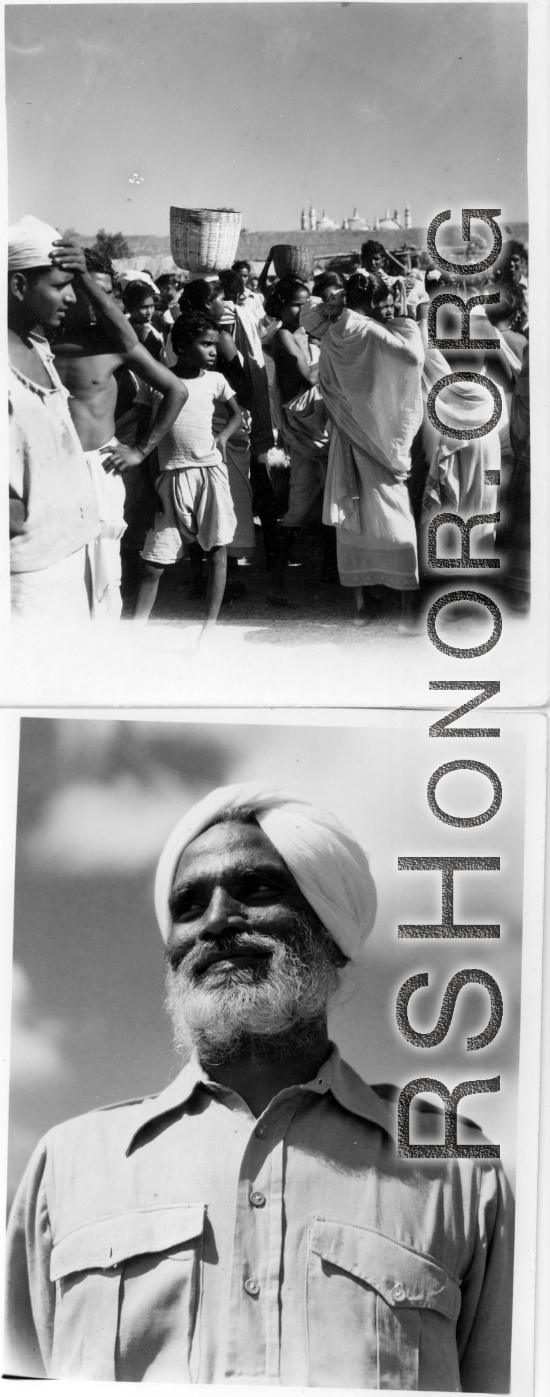 Market with temple rooftop in the background (top), and elderly turbaned man (bottom).  Scenes in India witnessed by American GIs during WWII. For many Americans of that era, with their limited experience traveling, the everyday sights and sounds overseas were new, intriguing, and photo worthy.