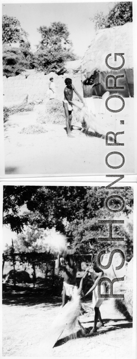 Men threshing grain in the hot sun.  Scenes in India witnessed by American GIs during WWII. For many Americans of that era, with their limited experience traveling, the everyday sights and sounds overseas were new, intriguing, and photo worthy.