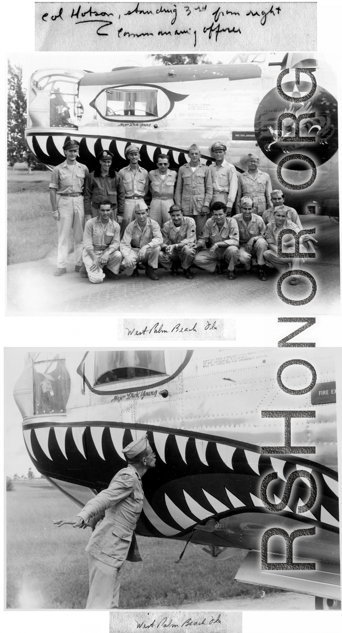 Colonel William D. Hopson and crew with their shark-teeth painted B-24; kissing the plane. At Palm Beach, Florida, after safe return to the US post-war. B-24 serial #44-51040. Painted under the nose window, "Maj. Dick Young," which may refer to Richard B. Young, who was in the original cadre, navigator of #42-40062 "FIVE BY FIVE." (Thanks metteor51.)
