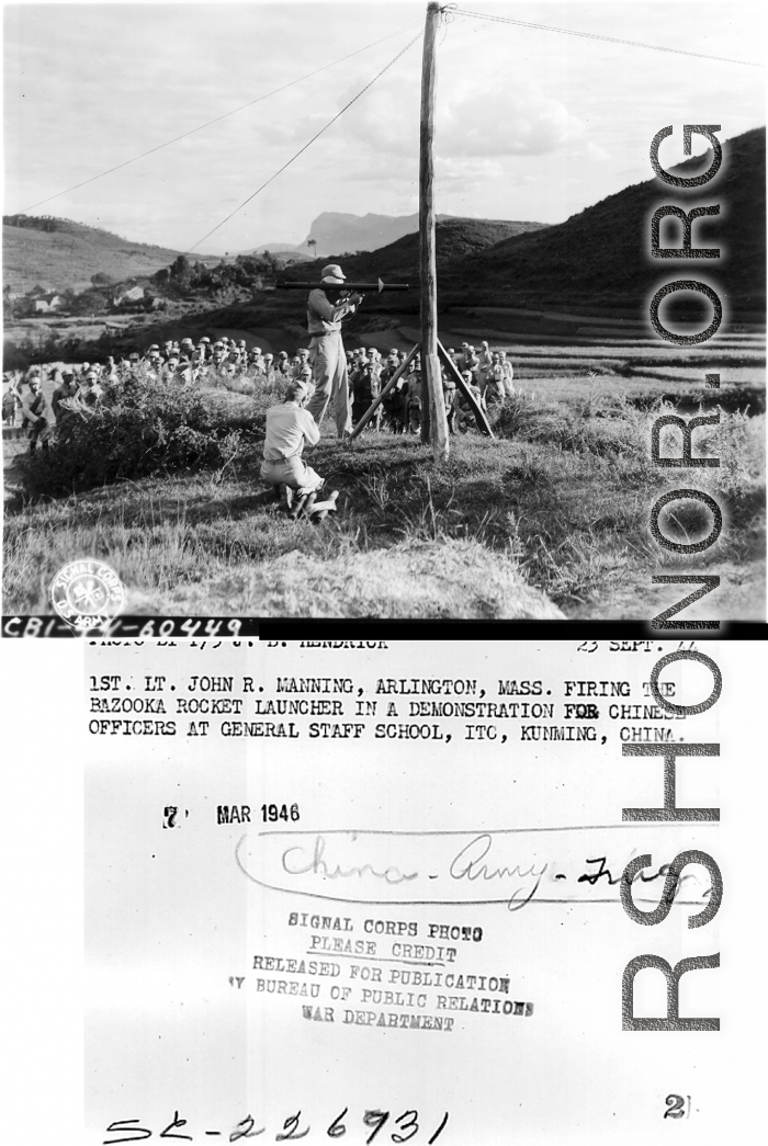 23 September 1944  1st Lt. John R. Manning, Arlington, Mass., firing the bazooka rocket launcher in a demonstration for Chinese officers at General Staff School, ITC, Kunming, China, during WWII.  Photo: T/5 Hendrick