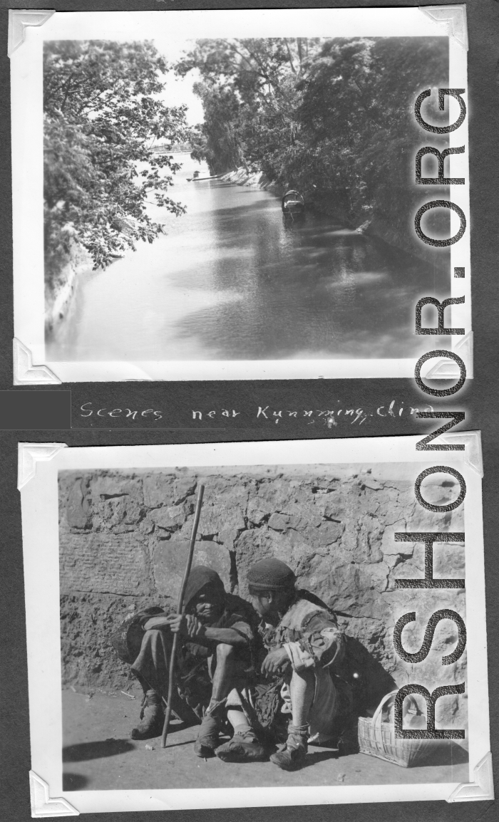 Scenes in Kunming, China, area during WWII: Boat on canal, and poor women on roadside.