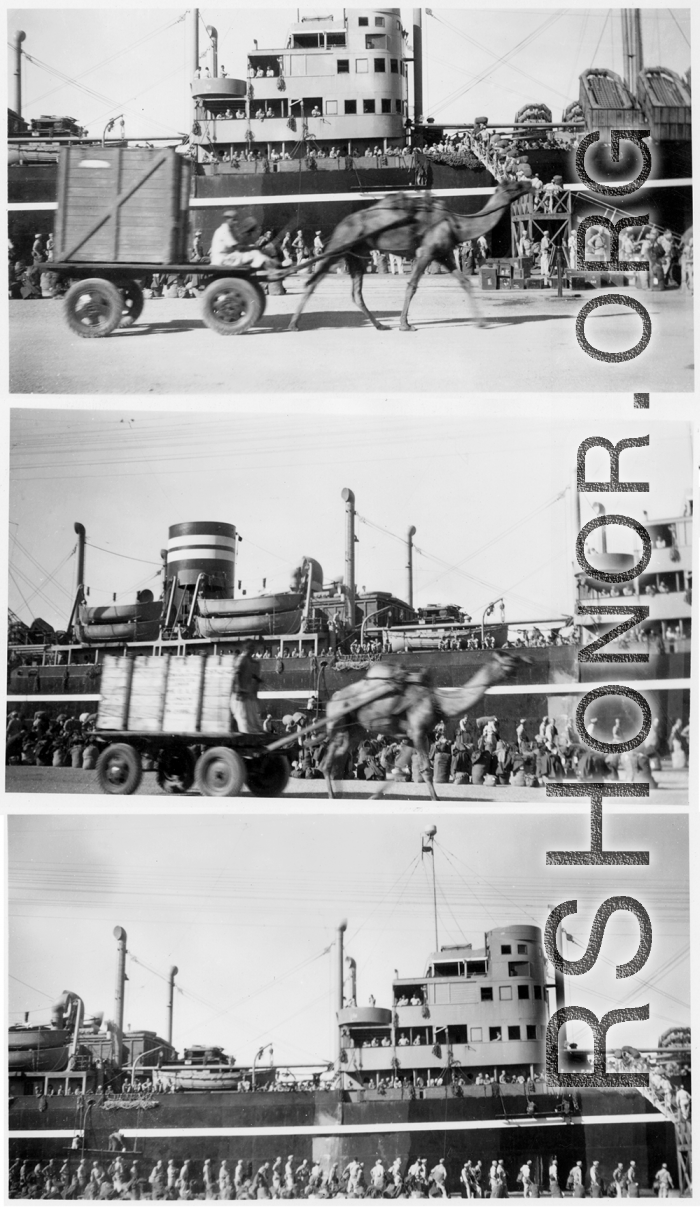 Views of the bustle at the docks at Karachi around the troopship MS Torrens that would take the Americans, including Schuhart, home, in late 1945.