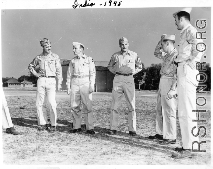 Newly-minted Medal of Valor recipients in India, 1945.  The officer in the picture on the left is First Lieutenant Donald J. Lochner, followed by Second Lieutenant Harold N. Olive, and finally Harry J. Hartz, all 24th Combat Mapping Squadron. The two men to the right are unknown.