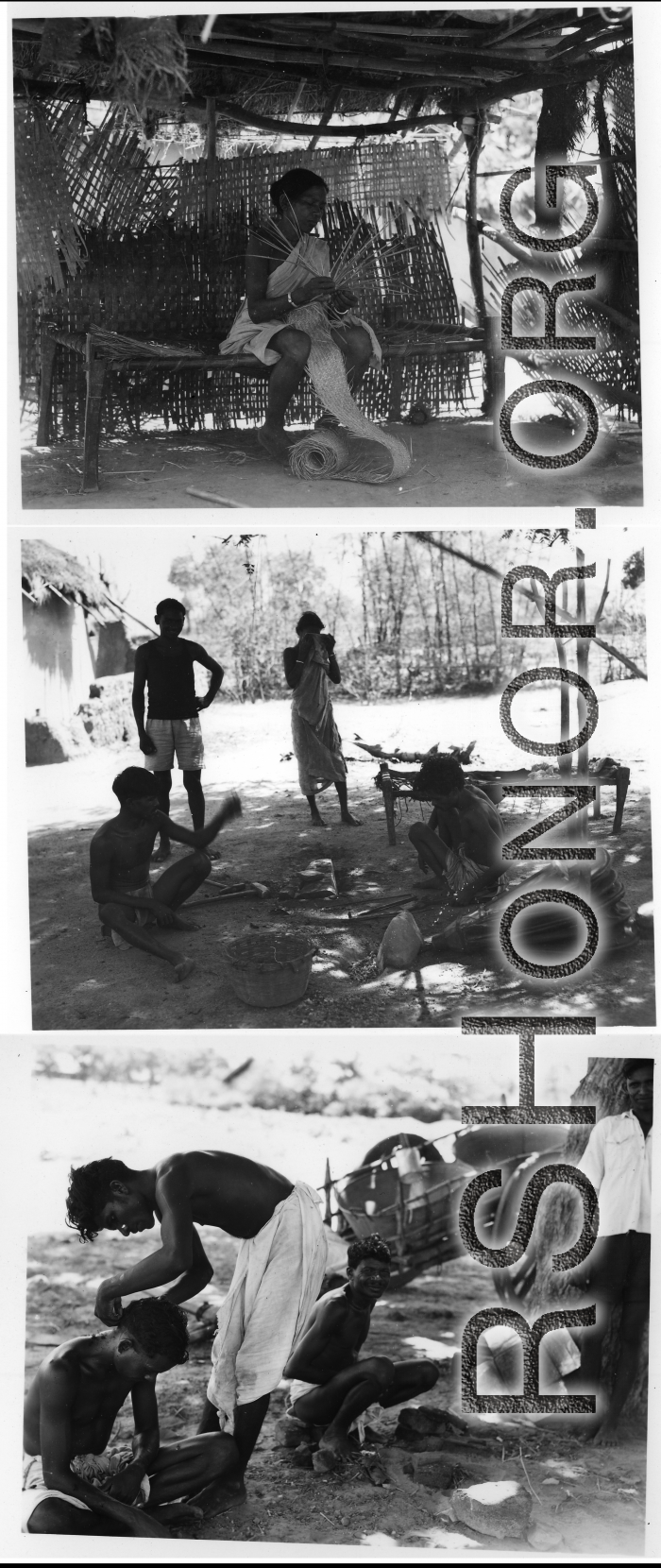 Woman weaves belt of plant fiber (top), men work metal with hand  bellows under a tree (middle), and man gets country haircut in the shade (bottom).  Scenes in India witnessed by American GIs during WWII. For many Americans of that era, with their limited experience traveling, the everyday sights and sounds overseas were new, intriguing, and photo worthy.