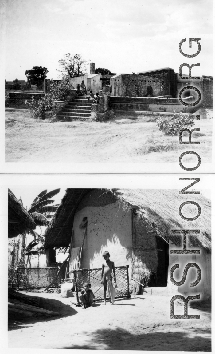 Men hang out at ruins of factory or bath house or similar (top), and boys hang out in front of village house.  Scenes in India witnessed by American GIs during WWII. For many Americans of that era, with their limited experience traveling, the everyday sights and sounds overseas were new, intriguing, and photo worthy.