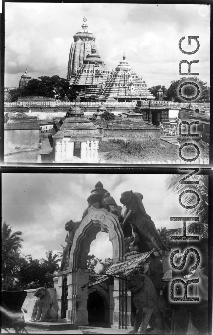 Temple complex and architecture in India, at the large Jagannath Temple of Odisha complex (Hindu) in India.  Scenes in India witnessed by American GIs during WWII. For many Americans of that era, with their limited experience traveling, the everyday sights and sounds overseas were new, intriguing, and photo worthy.