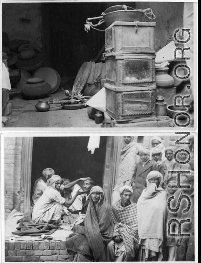 Room with boxes and metal vessels (top), and clustered men (bottom) with GI looking on from right.  Scenes in India witnessed by American GIs during WWII. For many Americans of that era, with their limited experience traveling, the everyday sights and sounds overseas were new, intriguing, and photo worthy.