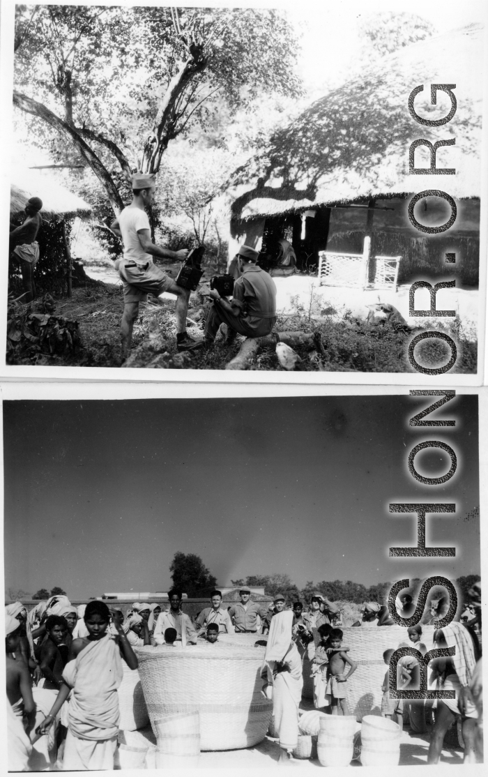 GI photographers seek out interesting scenes in an Indian village (top), and GIs check out enormous woven baskets in India (bottom).  Scenes in India witnessed by American GIs during WWII. For many Americans of that era, with their limited experience traveling, the everyday sights and sounds overseas were new, intriguing, and photo worthy.