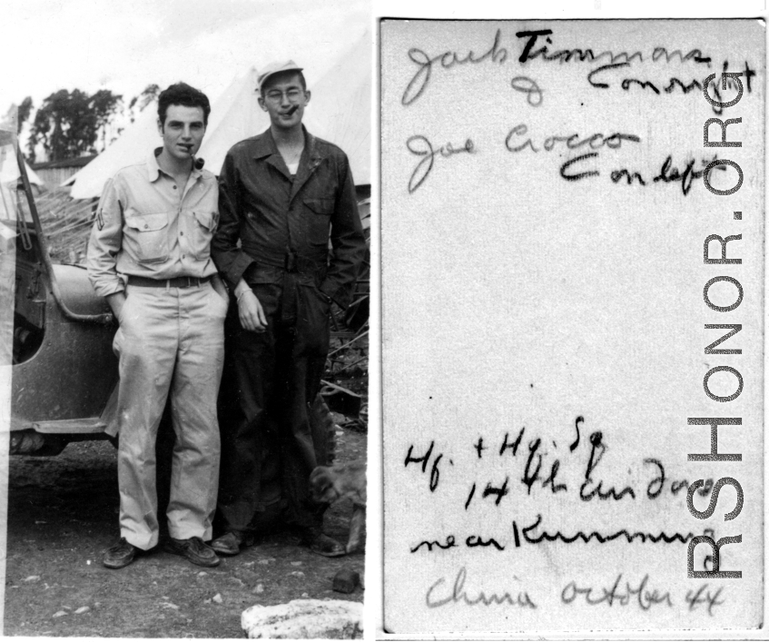 Jack Timmons and Joe Crocco pose before jeep in the CBI, near Kunming in October 1944, during WWII.