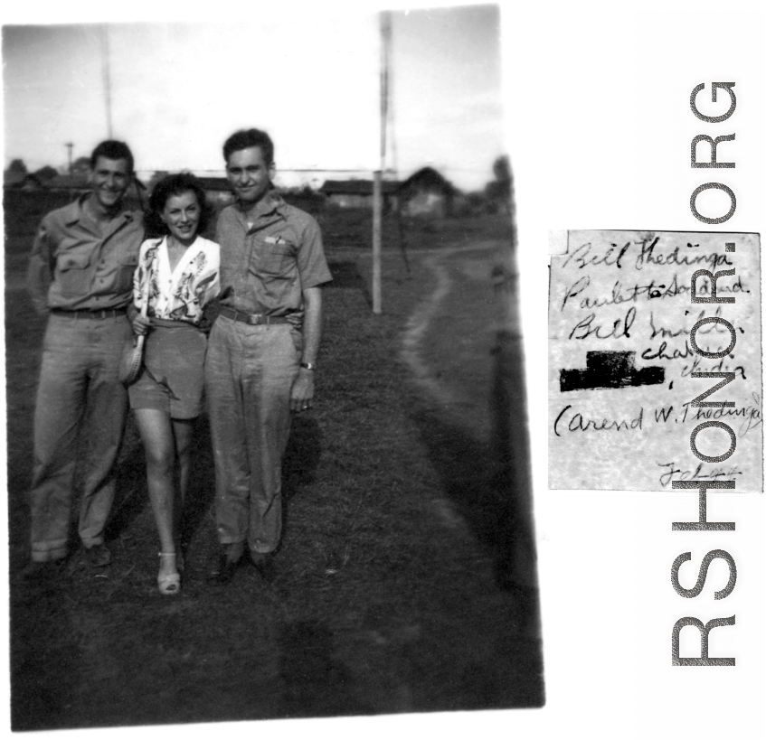 Bill Thedinga (Arend W. Thedinga) and Bill Miller with Paulette Goddard , Chabua, India. June 1944.