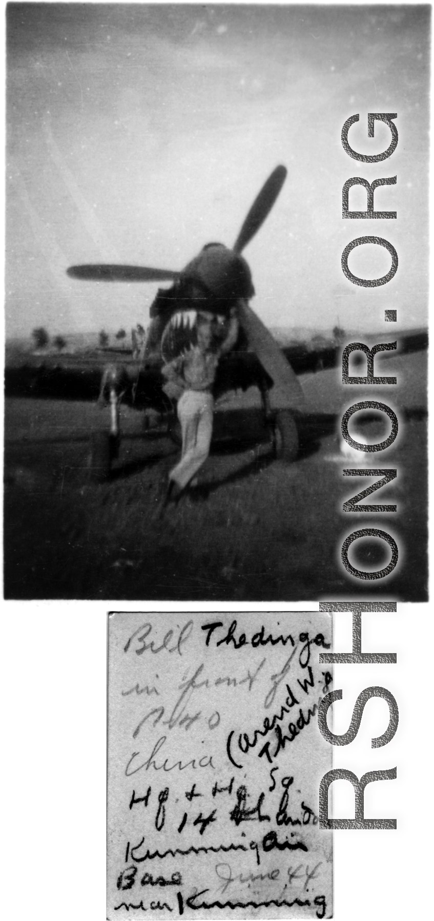 Bill Thedinga (Arend W. Thedinga) poses with P-40 near Kunming, June 1944.