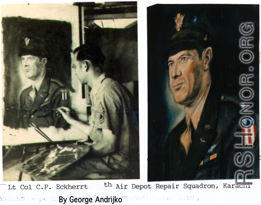 T/Sgt. George Andrijko paints his commanding officer, Lt. Col. C. P. Eckerrt, 51st Air Depot Repair Squadron (??), during WWII.