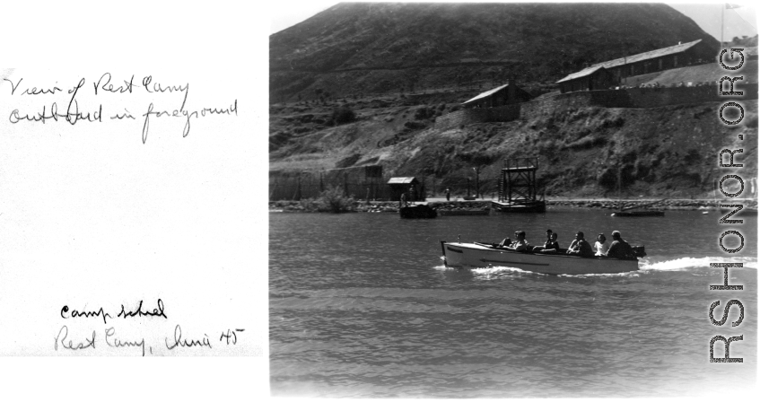 A boat with lucky visitors on the lake at Camp Schiel, China, 1945.