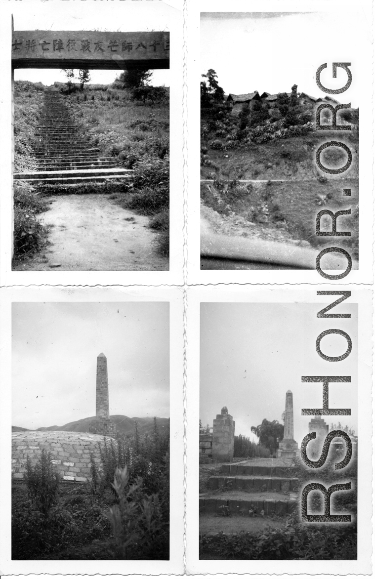 Along the Burma road on the way to China in spring 1945 during WWII. Three images show battle and martyr monuments to 38th Chinese Division 三十八师 soldiers lost fighting the Japanese.