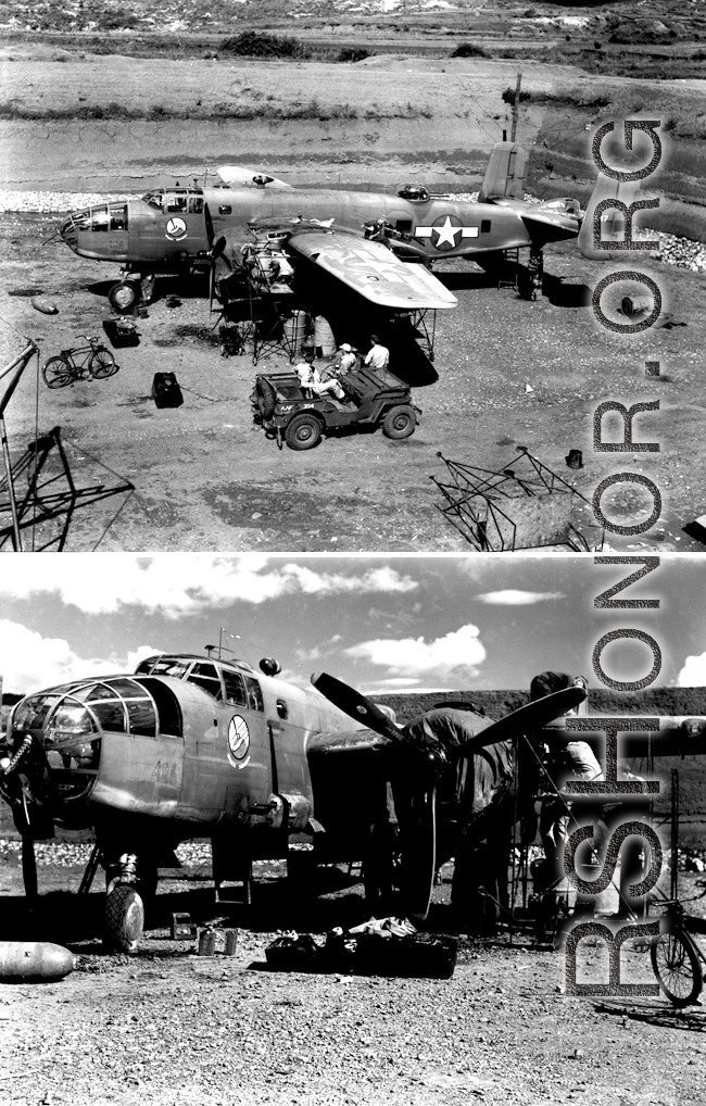 A North American B-25D of the 491st Bomb Squadron under goes  maintenance in a revetment at Yangkai, China in 1944. The aircraft is Sq # has been changed from "426", as seen on the side of the nose, to "447". 