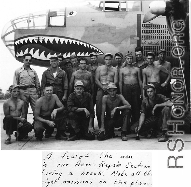 Men of the Aero-Repair Section, 61st Air Service Group, stand before a a B-25 in the CBI. "Note all the night missions on the plane." From the collection of David Firman, 61st Air Service Group.