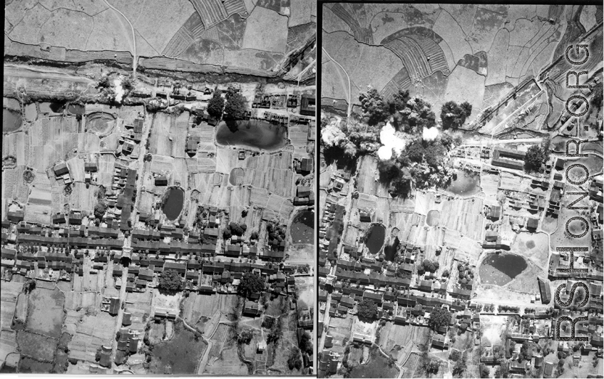 Bombs destroy a row of poor thatched-roof hovels in either SW China (esp. Guangxi), Burma, or French Indochina. During WWII.