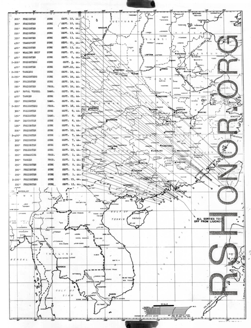 Sea sweep air mission map for September 1944, showing locations near or in China where attacks were made on Japanese by U. S. aircraft.  From the U.S. Government sources.