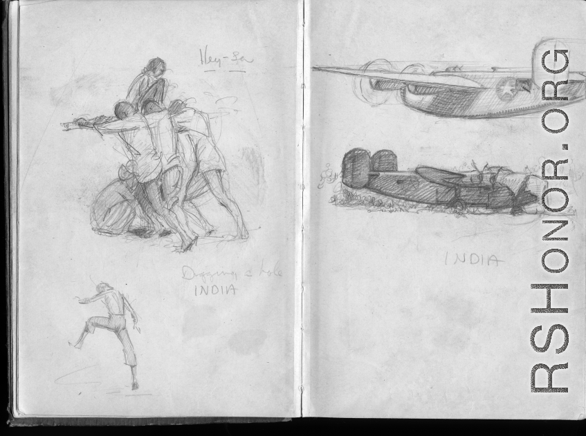 The wartime notebook of S/Sgt. Tom L. Grady. In his notebook, as a talented and curious young artist while in the CBI, he recorded scenes and vignettes that he saw in his life. He also recorded names and contact info for the people he met.  "Hey-sa. Digging a hole, India."