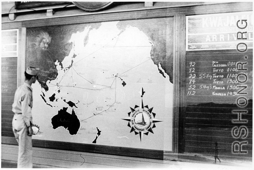 GI looks at flight route map at Kwajalein.  Lt. Mazer was initially released from active duty on January 12, 1947. However, he apparently was posted to Asia or had military trips to Asia between the end of the war and his release (or before April 1, 1948), visiting the Philippines, Okinawa, and various American-held islands on his route over the Pacific.