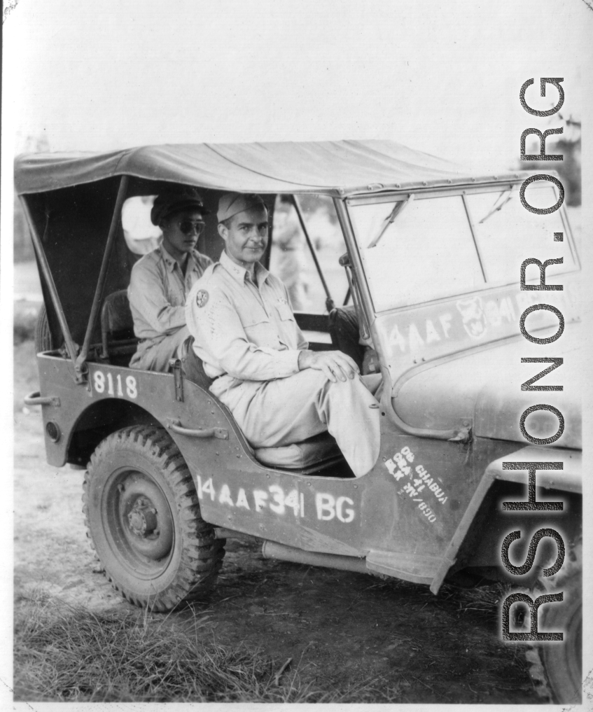 Major Gen. Charles B. Stone, and another officer, riding a 341st Bomb Group, 14th Air Force, jeep during a visit to Yangkai on the August 29, 1945.  The jeep has stenciled "Chabua" (India), however groups and materials moved around, so it is not surprising to see this jeep in China, especially by the summer of 1945.  Yangkai, APO 212, during WWII.