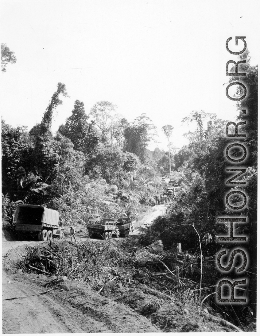 797th Engineer Forestry Company in Burma: Trucks wait for work on section of corduroy road over muddy patch on the Burma Road.  During WWII.