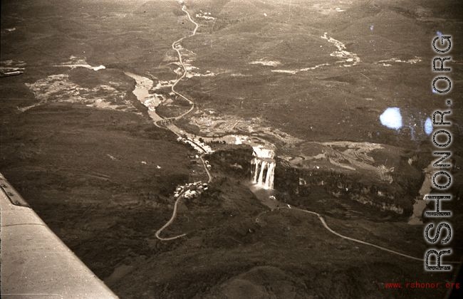 Huangguoshu waterfall from the air during WWII, taken over the wing of an America fighter plane in by pilot Charles A. Breingan.