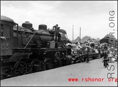 A refugee train at Liuzhou, Guangxi province, China, during the Japanese Ichigo campaign. During WWII.