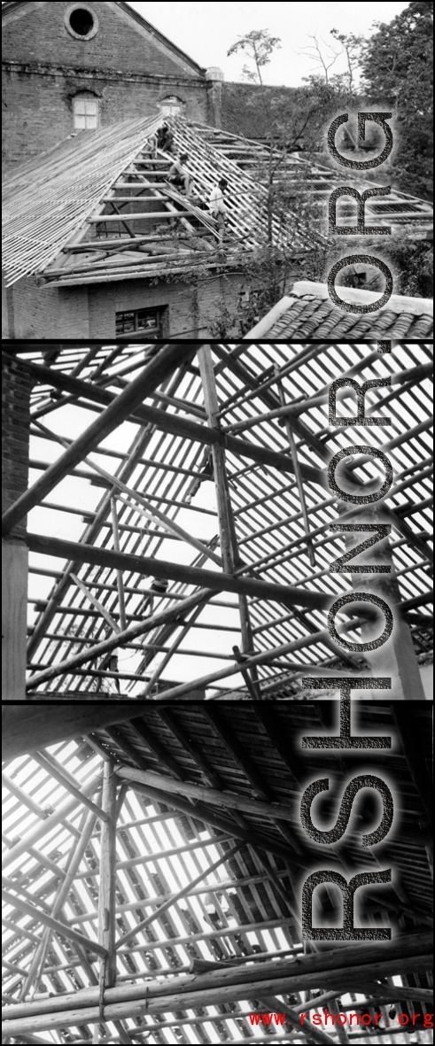 Trusses and structure for a large roof being built in China during WWII.