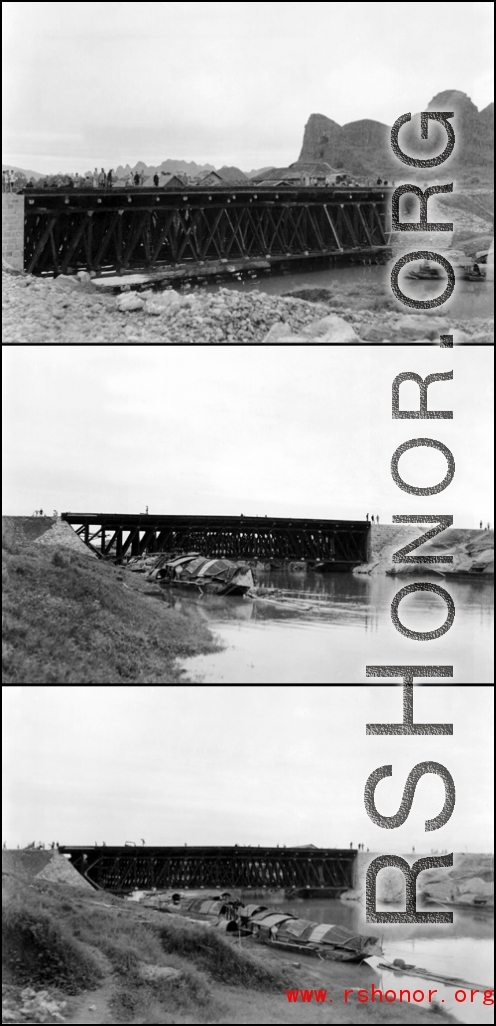 Views from two different sides of a bridge, probably in Guangxi province, either Liuzhou or Guilin.    From the collection of Hal Geer.