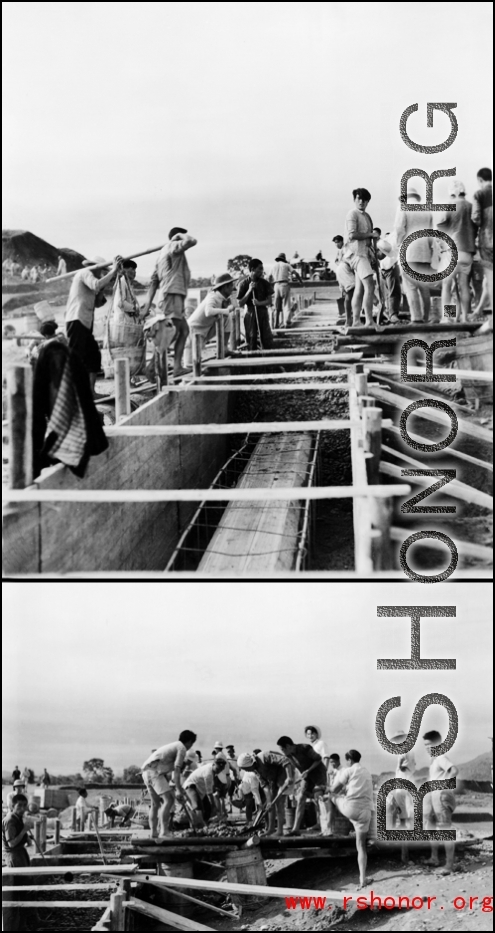 Pouring a concrete foundation as part of American air base construction in China during WWII.  Chinese laborers pouring concrete into forms.