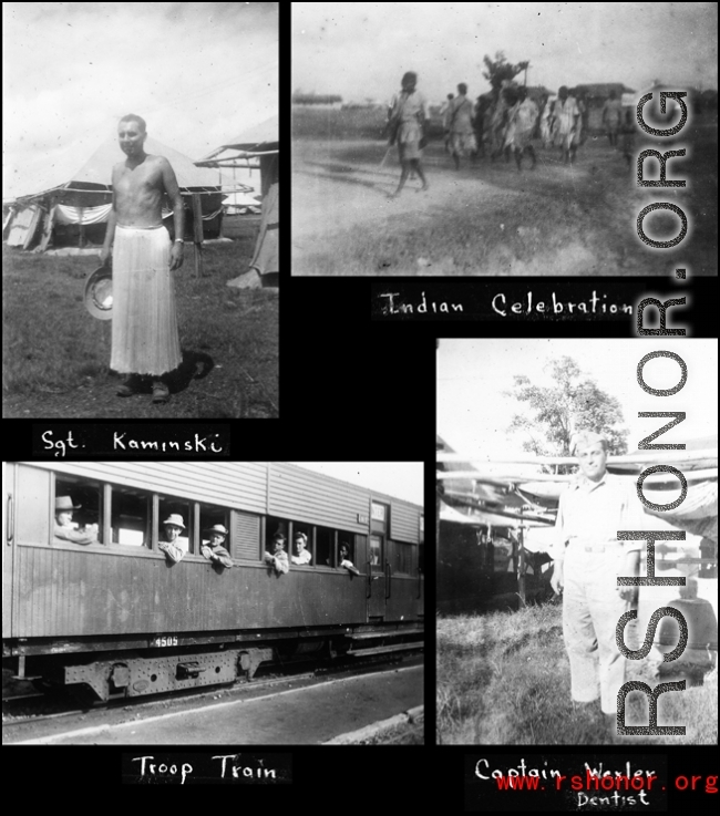 Scenes around India. Sgt. Kaminski, India Celebration, troop train rail car, dentist Capt. Wexler.