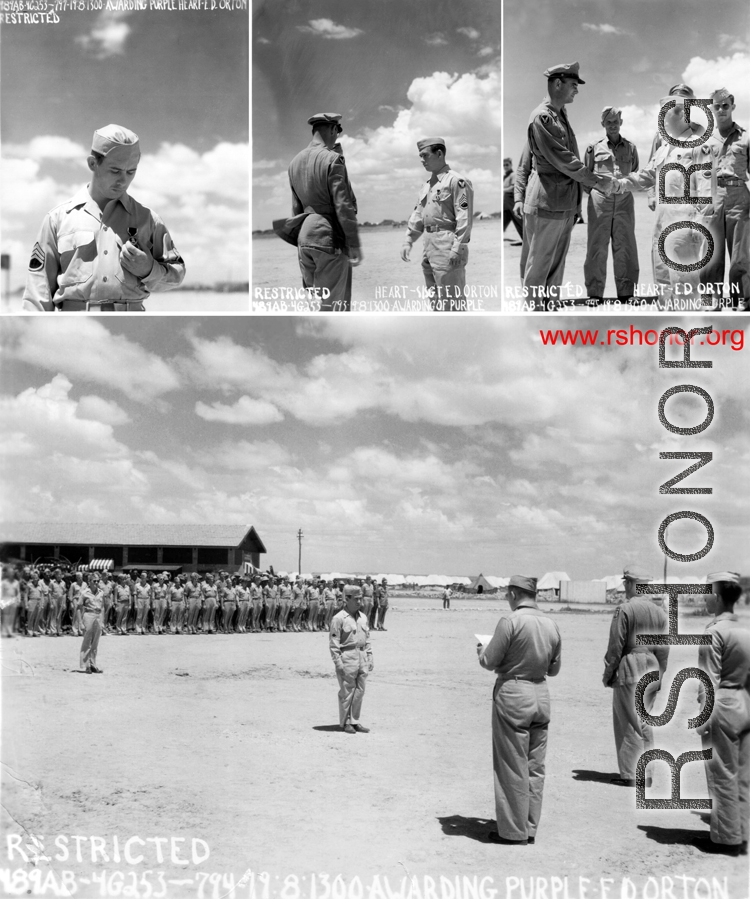 S/Sgt. E. D. Orton receiving the Purple Heart.