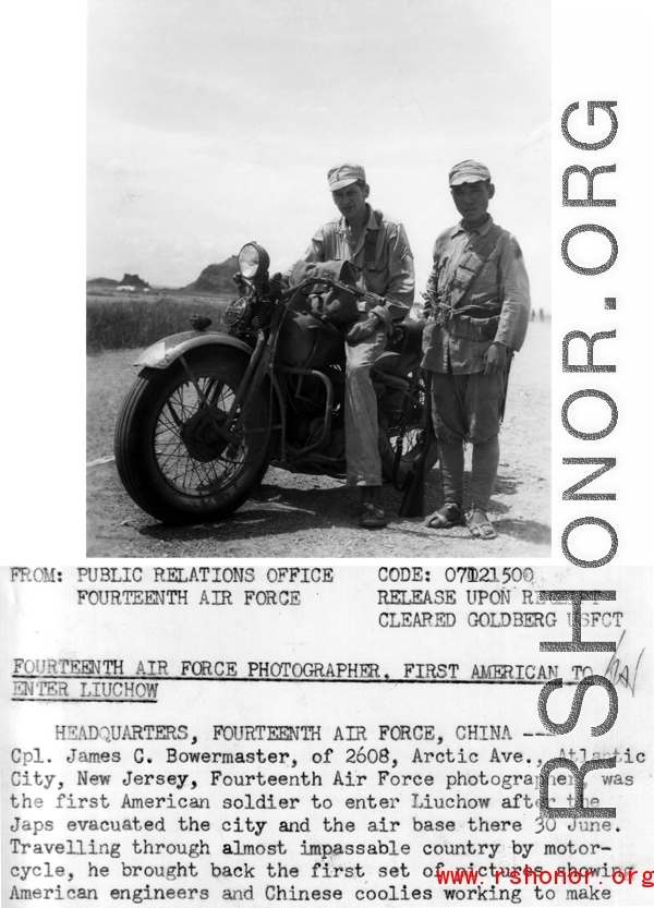 James C. Bowermaster poses with an unidentified Chinese soldier on his motorcycle on his way to Liuchow to photograph the former Japanese base there.