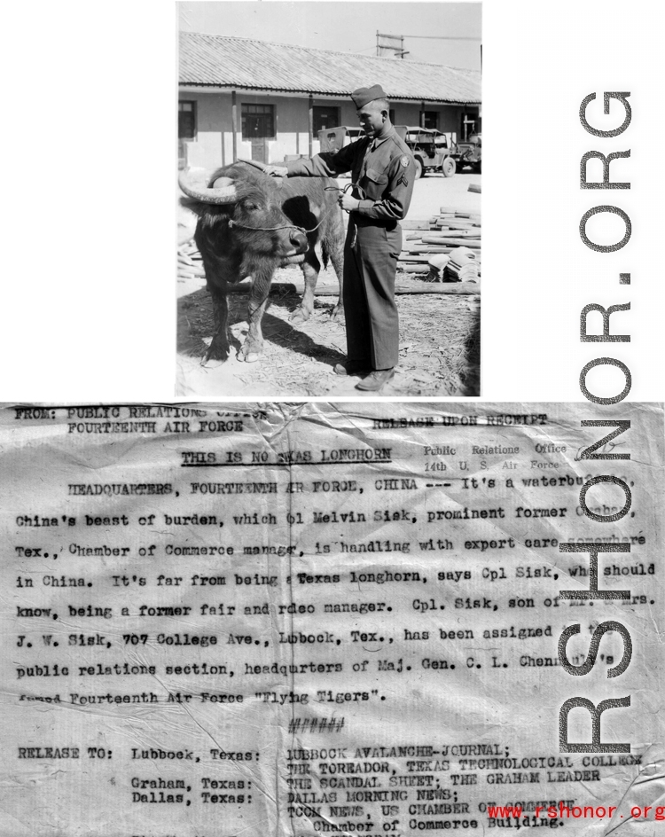 It’s a water buffalo, China’s beast of burden, which Ol Melvin Sisk, prominent former Gresham, Tex., Chamber of Commerce manager, is handling with expert care somewhere in China. 