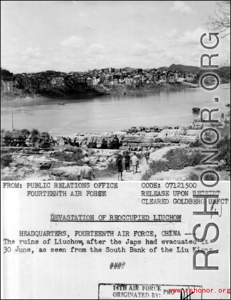 The ruins of Liuchow, after the Japanese had evacuated it 30 June, as seen from the South Bank of the Liu Kiang.