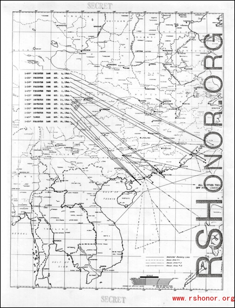 Sea sweep air mission map for October 1944, showing locations near or in China where attacks were made on Japanese by U. S. aircraft.
