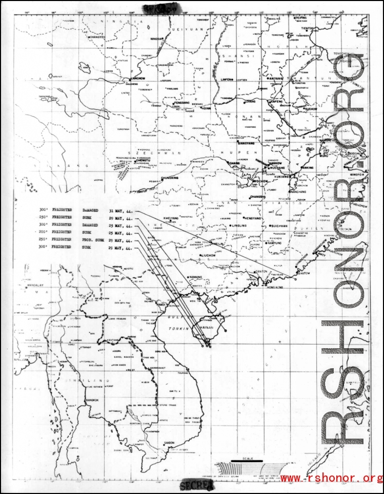 Sea sweep air mission map for May 1944, showing locations near or in China where attacks were made on Japanese by U. S. aircraft.