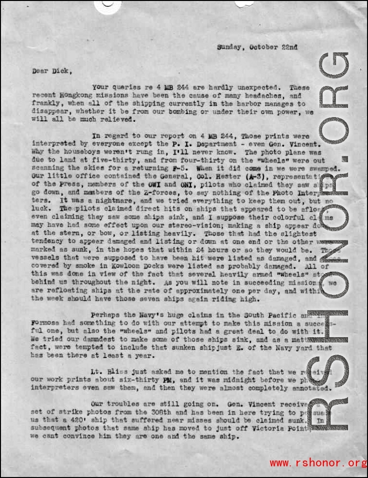 Page 1 (of two total) of a letter to 'Dick' from 'Harry'  talking about bombing and other air-attack missions.