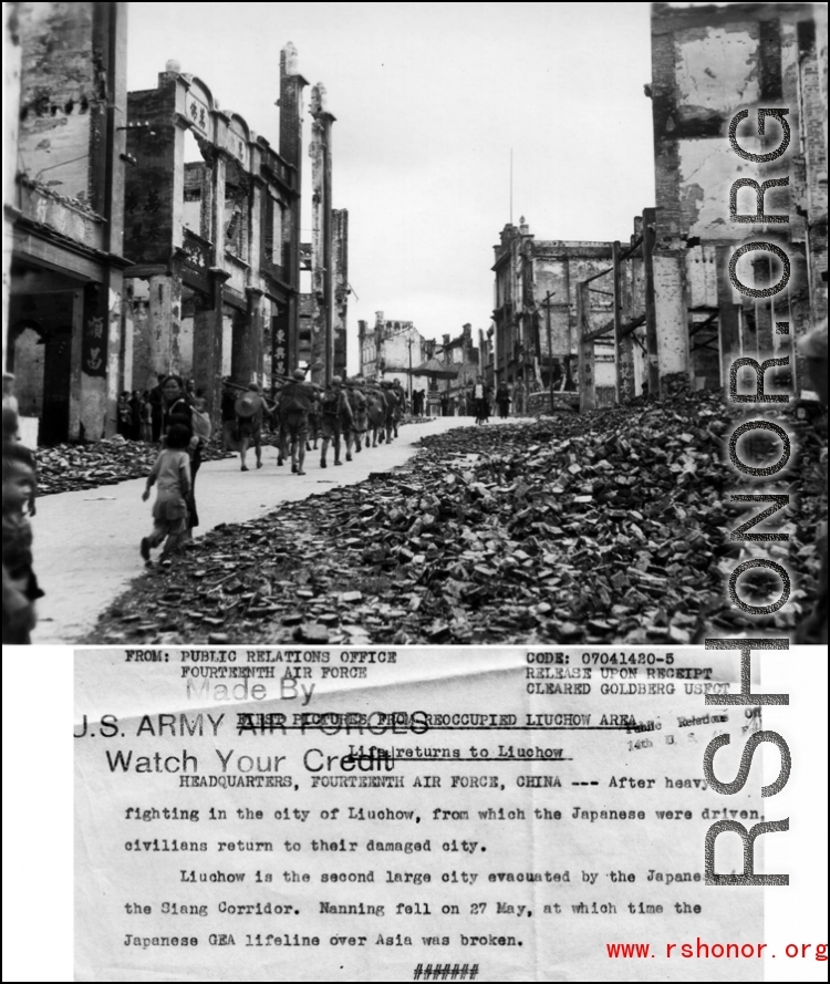 After heavy fighting in the city of Liuchow [Liuzhou], from which the Japanese were driven, civilians return to their damaged city.