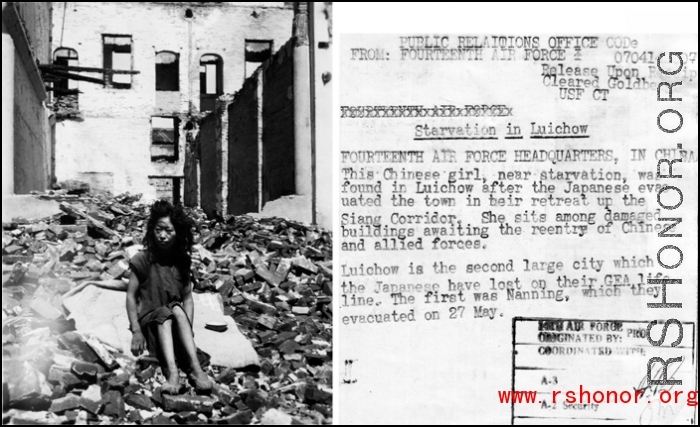 This Chinese girl, near starvation, was found in Liuchow [Liuzhou] after the Japanese evacuated the town in their retreat up the Siang Corridor.  She sits among damaged buildings awaiting the reentry of Chinese and allied forces.